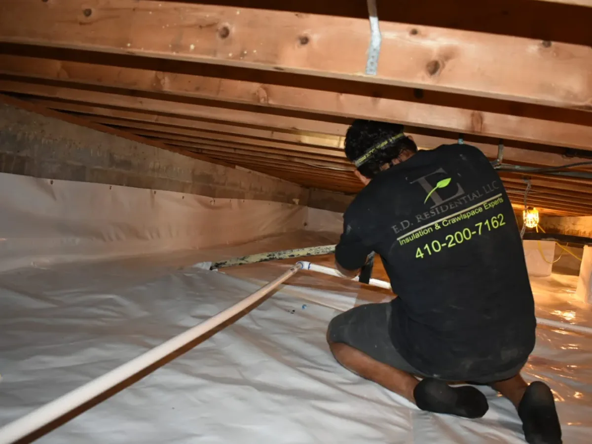 Our crew installing a crawlspace vapor barrier — Ed Residential LLC, Trappe, MD