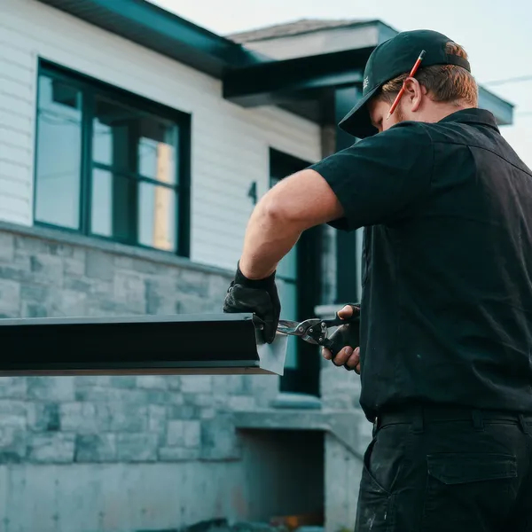 Installer carrying a new seamless aluminum gutter