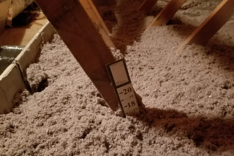 Blown-in cellulose insulation in an attic